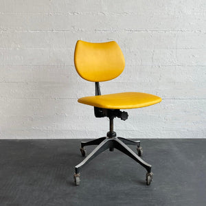 Mid-Century Modern Yellow Leather Steel Rolling Office Desk Chair