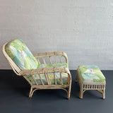 Mid-Century White Wash Wicker Cushioned Lounge Chair And Ottoman