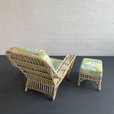 Mid-Century White Wash Wicker Cushioned Lounge Chair And Ottoman