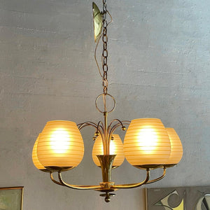 Mid-Century Five Arm Brass And Glass Chandelier