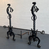 Arts And Crafts Three Piece Wrought Iron Andirons Set