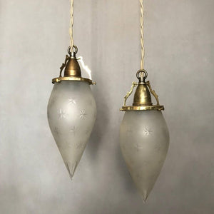 Pair Of Antique Etched Frosted Glass Teardrop Pendant Lights