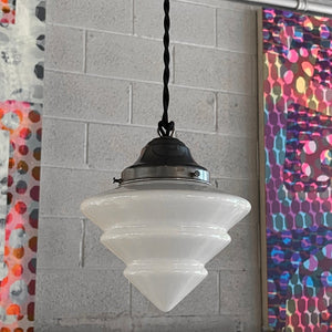 Art Deco Tiered Milk Glass Cone Pendant Light