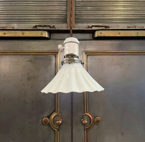 Early 20th Century Fluted Milk Glass And Porcelain Pendant Light