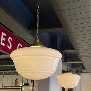 Pair Of Art Deco Milk Glass And Brass Library Pendant Lights