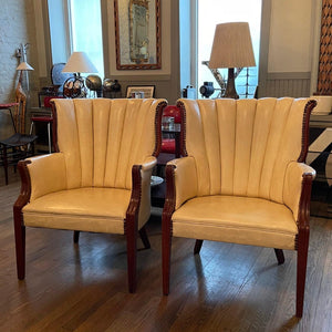 Pair Of Cream Vinyl Mahogany Wingback Armchairs