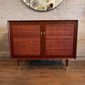 Mid Century Modern Rattan Front Walnut Credenza