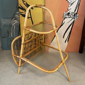 Mid Century Modern Rattan Side Table With Magazine Holder